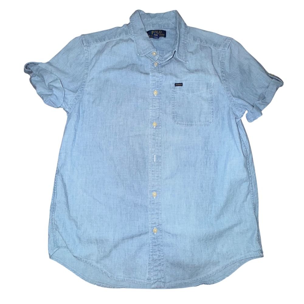 Polo Ralph Lauren Boy Shirt L 14-16 Light Blue Chambray Short Sleeve Button Down